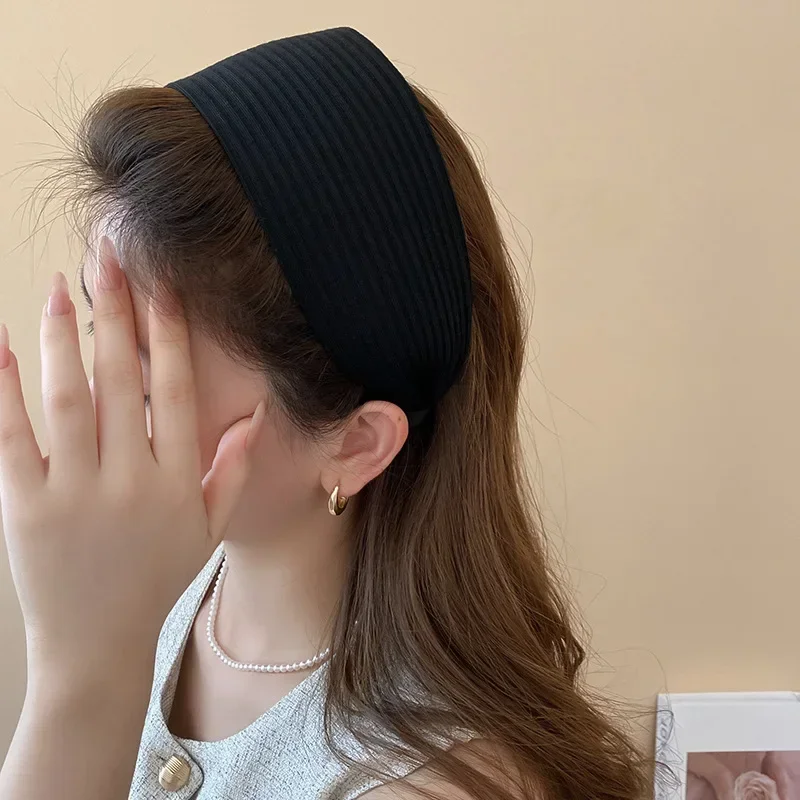 Neue Vintage Stricken Tuch Stirnbänder für Frauen Einfarbig Breiten Streifen Haarband Hohe Schädel Top Rutschfeste Elegante Haar Zubehör – Detail 9