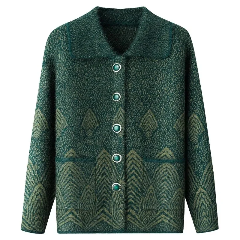 

Middle-Aged Women Sweater Cardigan Coat Spring Autumn Jacket Print Lapel Single Breasted Long Sleeve Knitted Sweater Female Tops