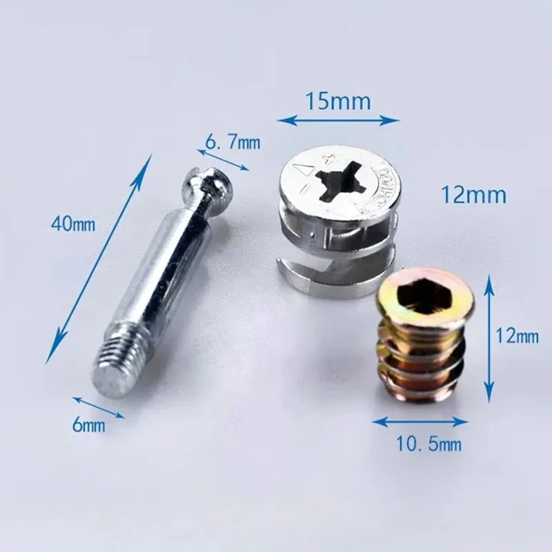 10Sets Furniture Side Connecting Fastener Cam Fitting Dowel Pre-inserted Nut Joint Connector 15x12mm Excenter Lock Screws Wheel