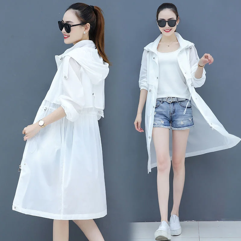 Women Sun Protection Clothing Mid-length Hooded Coat 2022 Summer Female New Thin White Jacket Popular Fairy Long Windbreaker