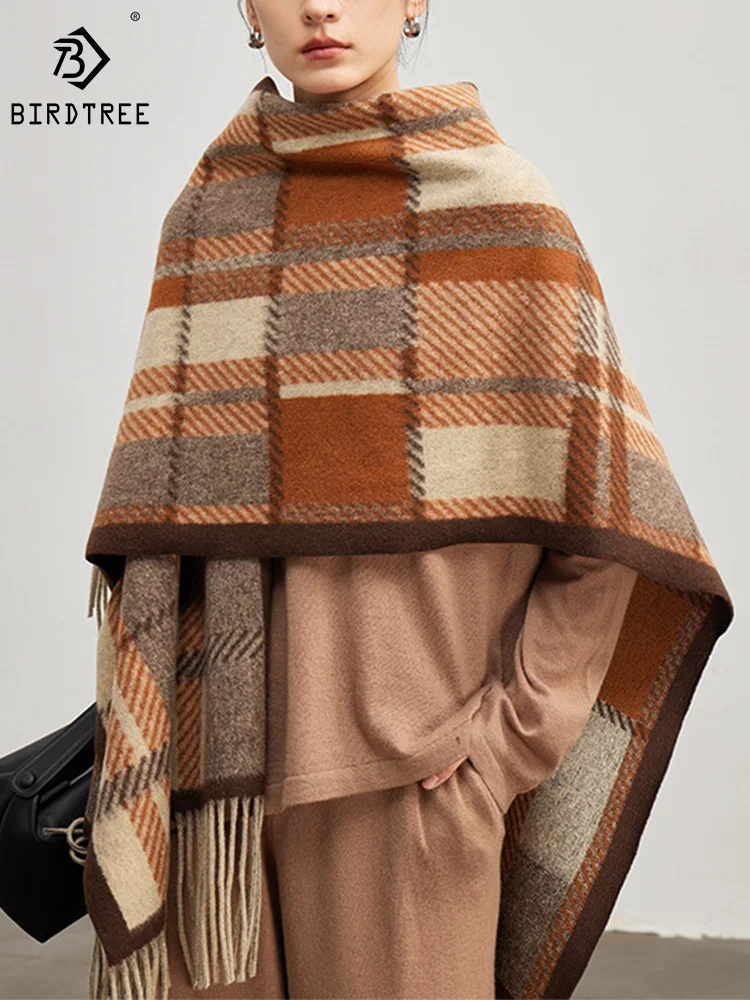 

Birdtree Merino Wool Women Cloak Plaid Maillard Fashion Knitted Shawls 2023 Autumn Winter New Shawl Tassel Blanket A39568QM