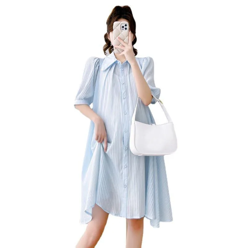 

Maternity Dresses Summer Shirt Collar Striped Plus Size Loose A-line Dress For Pregnant Women Clothes Pregnancy Vestidos