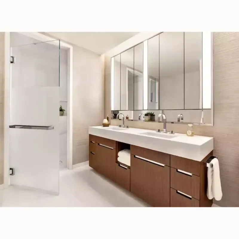 Modern Furniture Full Set Led Mirrored Wood Grain Bathroom Cabinets