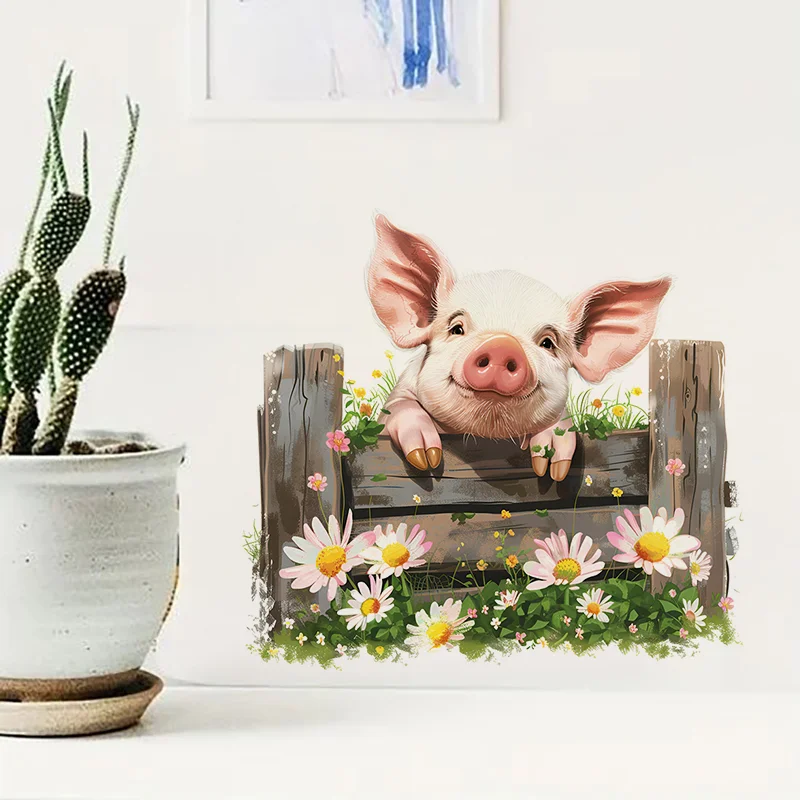 C1212# Pig with Woodne Fence Self-Adhesive Toilet Stickers,Wall Decal Removable, Reusable Vinyl Car Sticker for Bathroom Decor
