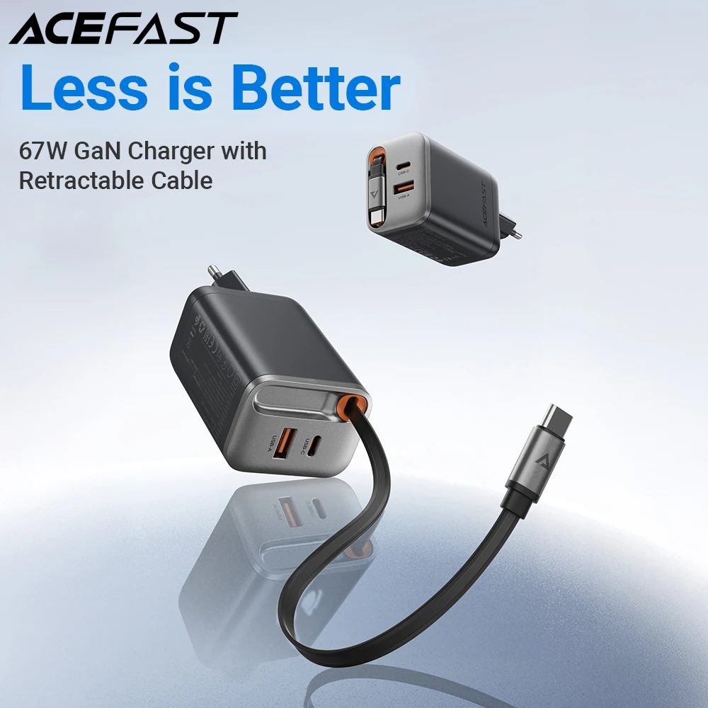 ACEFAST GaN PD67W شحن سريع الاتحاد الأوروبي التوصيل شاحن آيفون 16/15 برو ماكس PD كابل قابل للسحب محول شحن سريع لسامسونج
