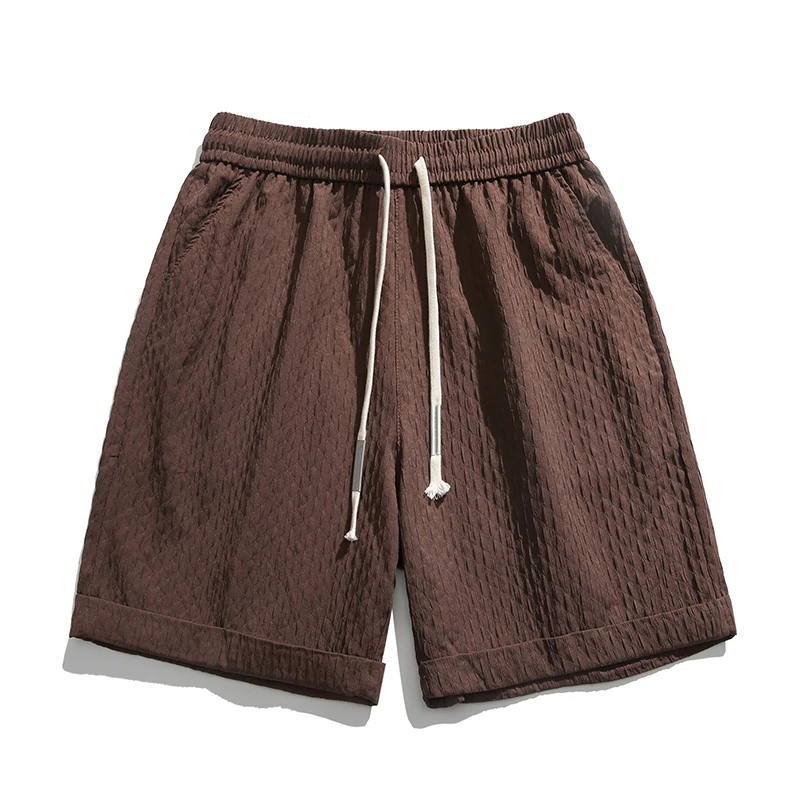 Summer Men's Solid Pockets Elastic High Waisted Paisley Drawstring Casual Loose Sports Trousers Fashion Preppy Style Shorts