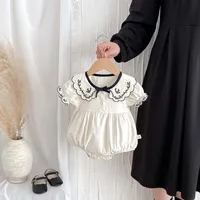 Baby Summer Embroidered Lapel Short Sleeve Triangle Jumpsuit Girl Baby Sweet Cute Jumpsuit with Bow for Summer Toddlers and Baby