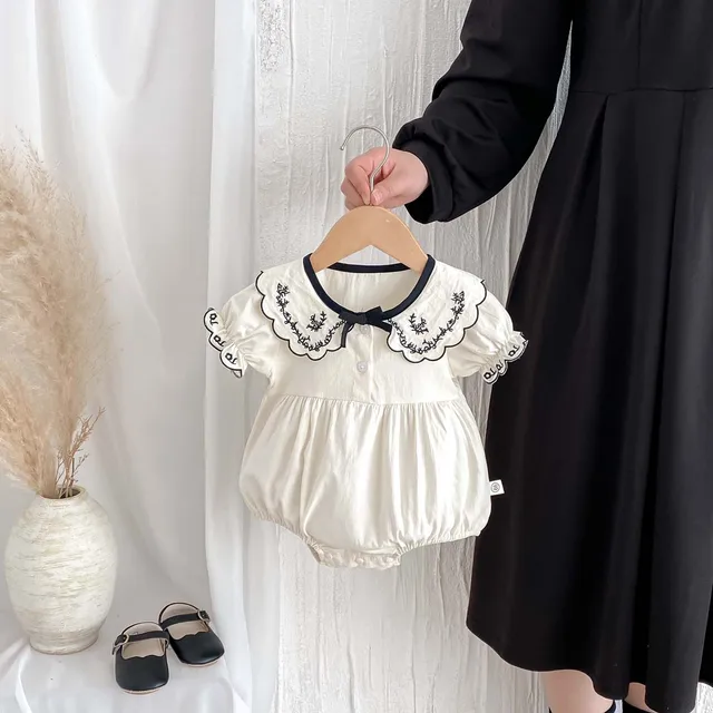Baby Summer Embroidered Lapel Short Sleeve Triangle Jumpsuit Girl Baby Sweet Cute Jumpsuit with Bow for Summer Toddlers and Baby 1