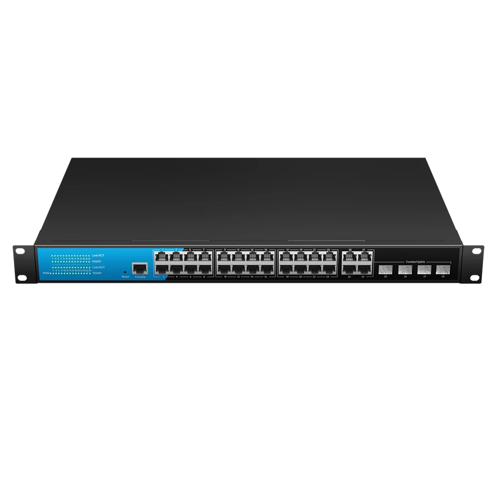 28포트 기가비트 관리형 스위치 |   레이어 3 네트워크 스위치 |   24x RJ45 + 4 콤보 |   VLAN, QoS, ACL |   비즈니스 및 기업