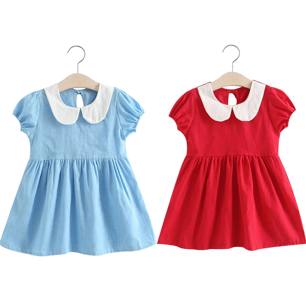12M-5Y Baby Girls Dress Doll Neck Sweet Cute Solid Color Simple Clothing Summer Short Sleeve Cotton Daily Casual Dress 2022 NEW silk dress