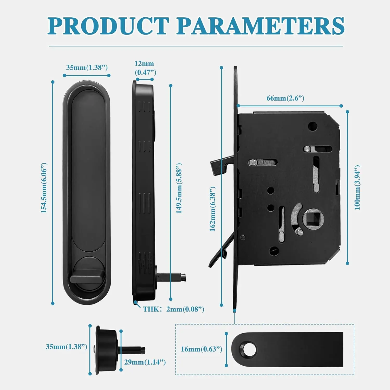 Pocket Door Lock Hardware with Pull Recessed Handle Latch Invisible Sliding Door Lock for Bedroom Kitchen Barn