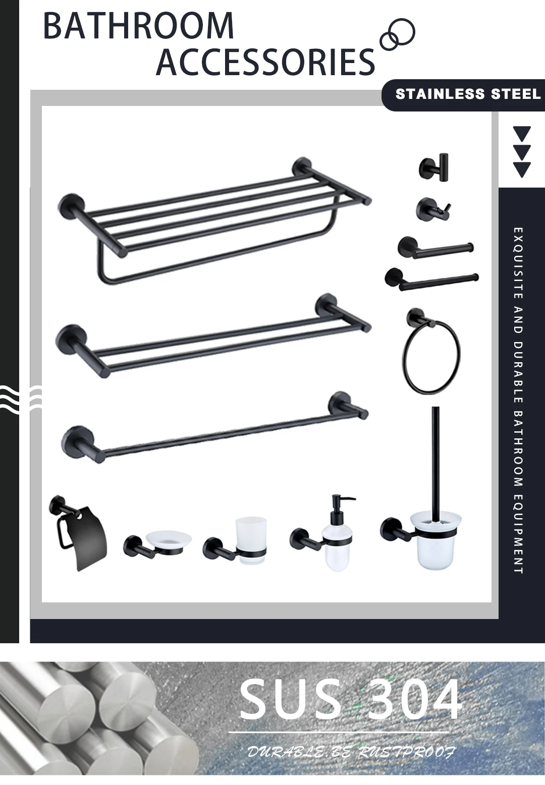 Description Picture 2 of itemMatt Black Double Towel Bars Kitchen Towel Hanger Stainless Steel Bathroom Accessories Towel Rack Ring Toilet Paper Brush Holder