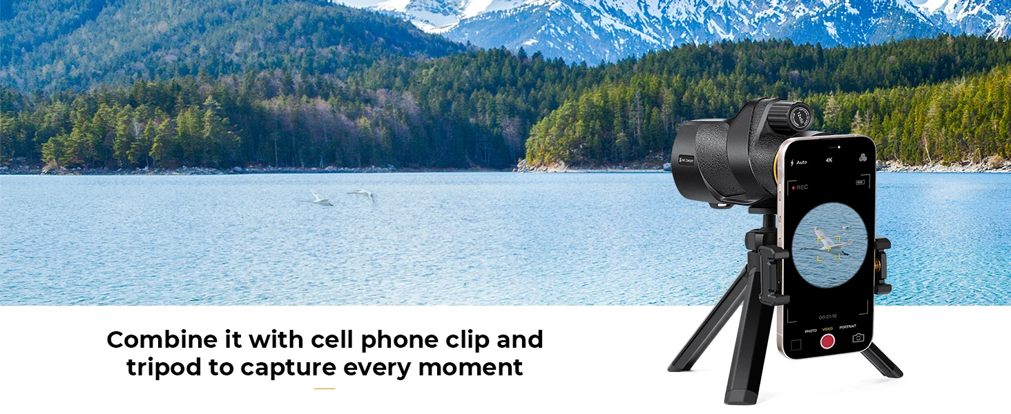 K&F Concept 12X50 Monokular-Teleskop, IP66, wasserdicht, HD BAK4, Monokular für Vogelbeobachtung, Jagd, Reisen, mit Telefonhalter, Stativ – Detail 7