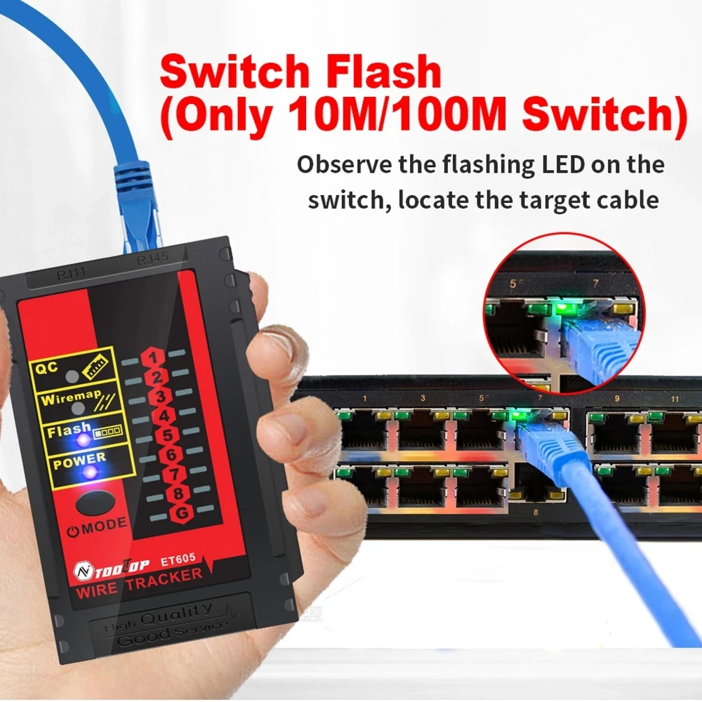 TOOLTOP ET605 Network Cable Tester Wire Tracer LAN Cable Pairing RJ45 RJ11 Crystal Port Crimping Multi-functional Wiring Tools