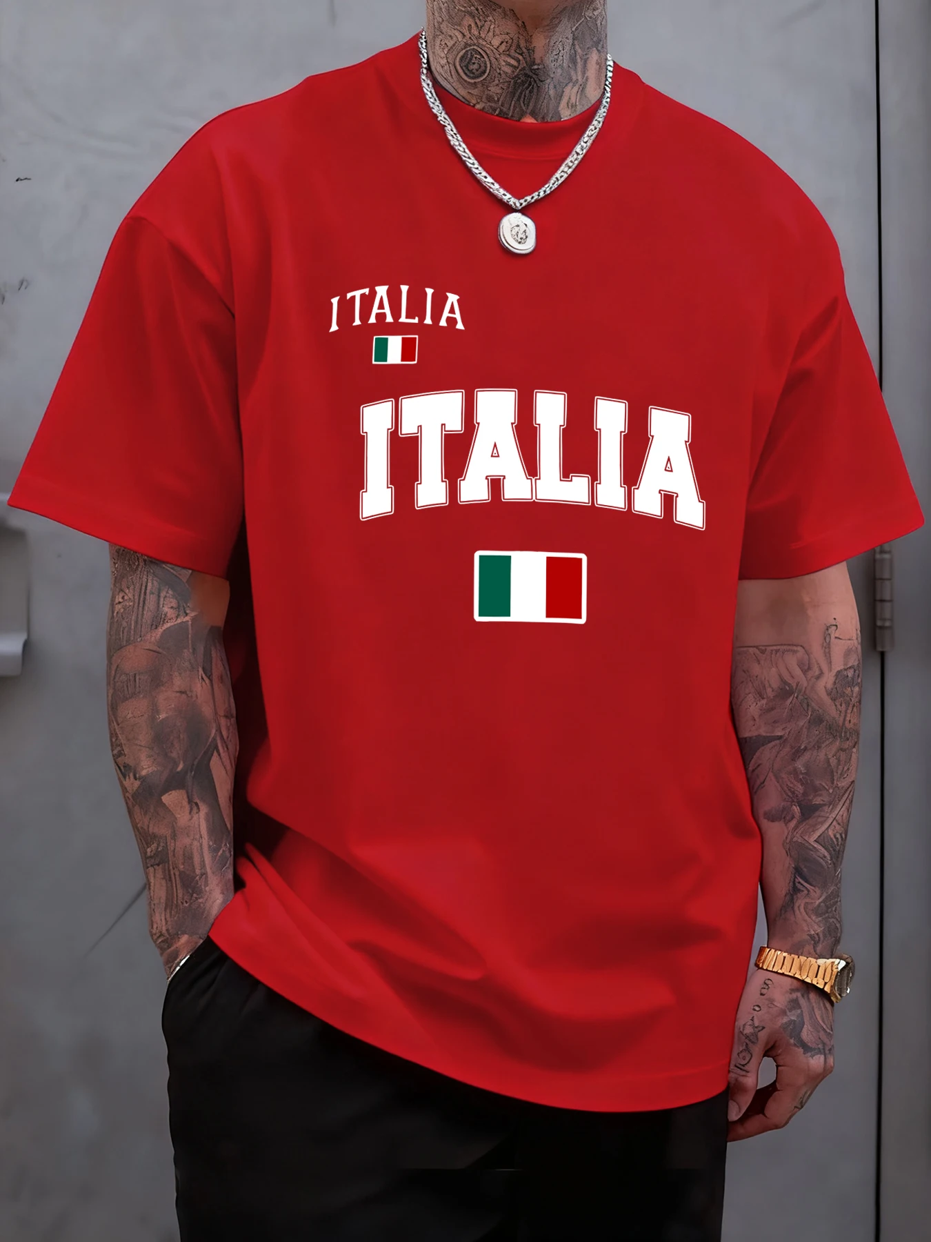 Italia italienische Flagge Druck Herren T-Shirt Sommer übergroße T-Shirts Baumwolle Mode All-Match Streetwear Rundhalsausschnitt bequemes Top – Detail 11