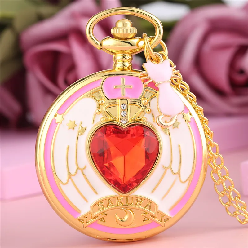 Cute 3D Red Heart Cover Pendant Moon/Cat/Pentagram Gadget Women Girl Japan Anime Quartz Pocket Watch Necklace Chain Timepiece