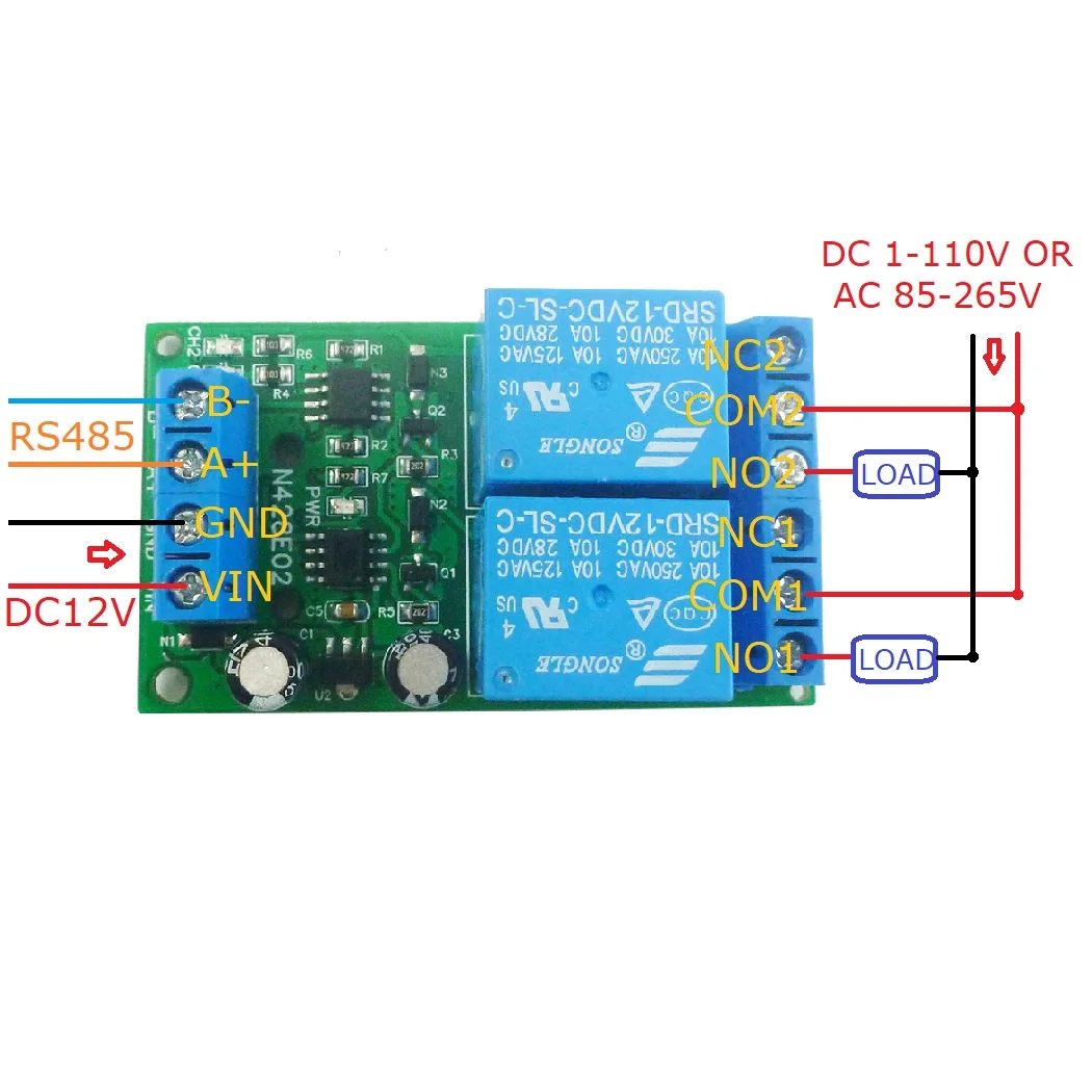 

12VDC 2ch RS485 Modbus RTU Relay Module UART Serial Port Switch PLC Digital Output Expansion Board Motor FW & BW Controler