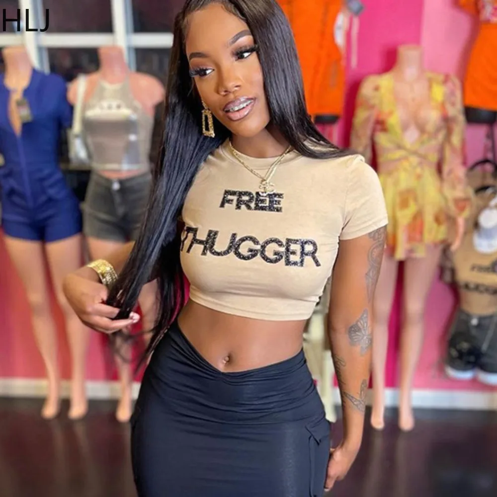 

HLJ Khaki Fashion Letter Rhinestone Slim Crop Tshirts Women Round Neck Short Sleeve Trend Tops Summer New Female Streetwear 2024
