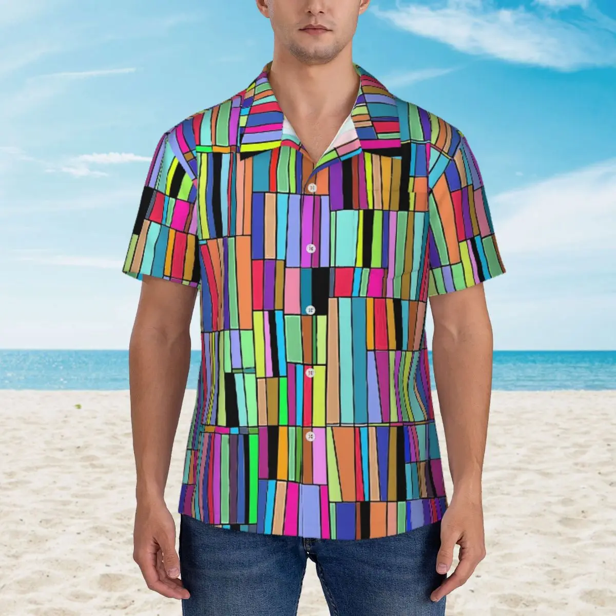 

Hawaii Shirt Beach Colorblock Blouses Abstract bookshelf Vintage Casual Shirts Male Short-Sleeve Street Style Top