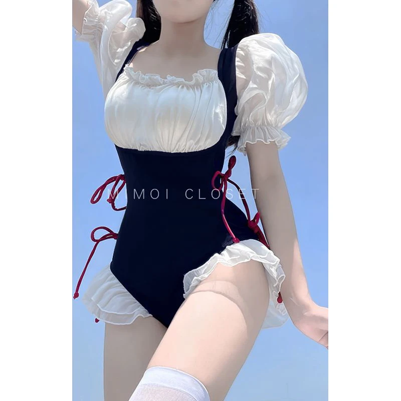 Women Y2K Japanese Style Kawaii One Piece Swimsuit Summer Trendy Ruffle Lace Up Sexy Backless Swimwear Sweet Beach Bathing Suits