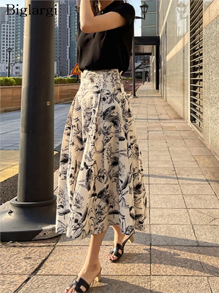 

Summer Midi Floral Print Skirt Women High Waist Elegant Modis Ruffle Pleated Ladies Skirts Korean Style Loose Woman A-Line Skirt