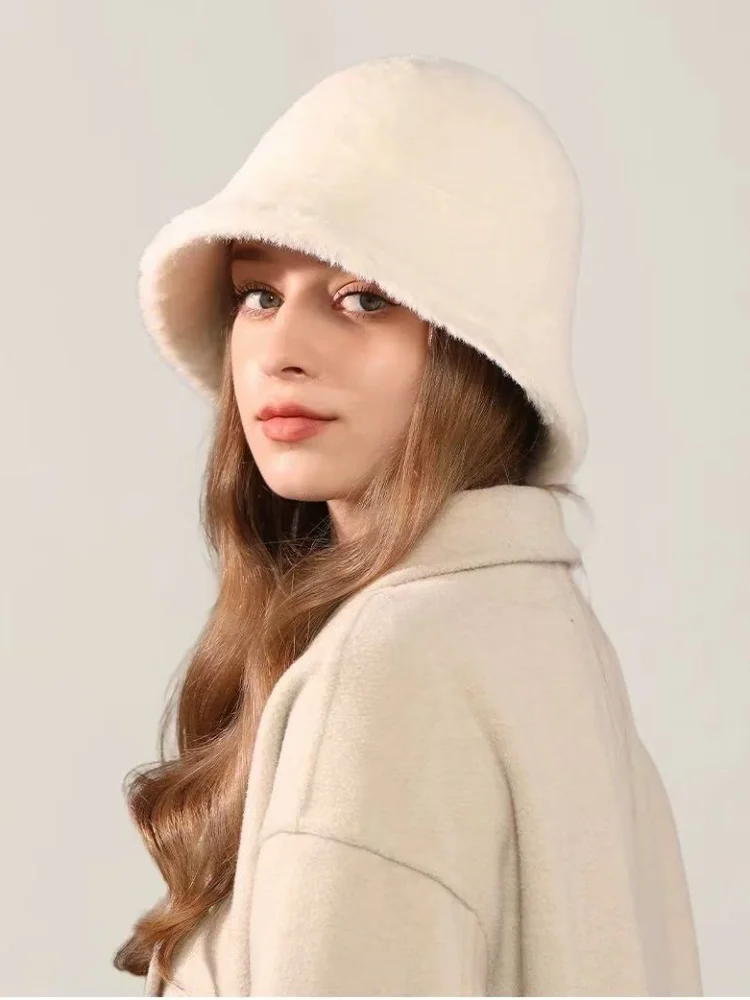 Women's Winter Plush Fur Bucket Hat Korean Solid Color Rabbit Hair Warm Fashion Versatile Outdoors Soft Dome women bucket hat women hat bucket hat