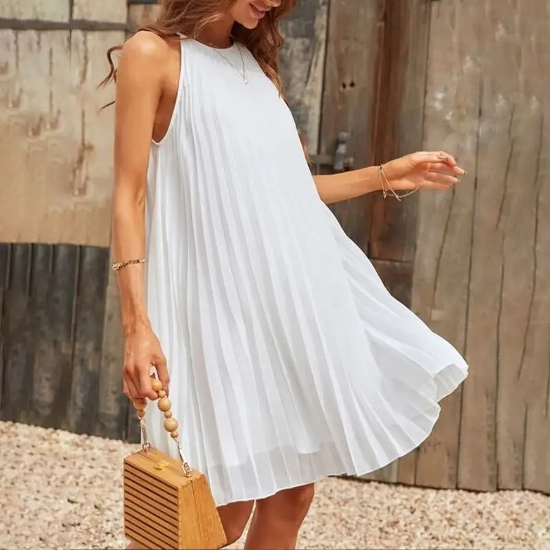 2024 Sexy Straps Mini Sundress Celmia Women Sleeveless Pleated Dress Party Summer Casual Loose O Neck Short Robes Oversize Dress