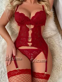 Set di biancheria intima con reggicalze Body in pizzo Reggiseno a V profondo Set perizoma senza calze Intimo sexy 2 pezzi Reggiseni Mutandine BodyStockings 1