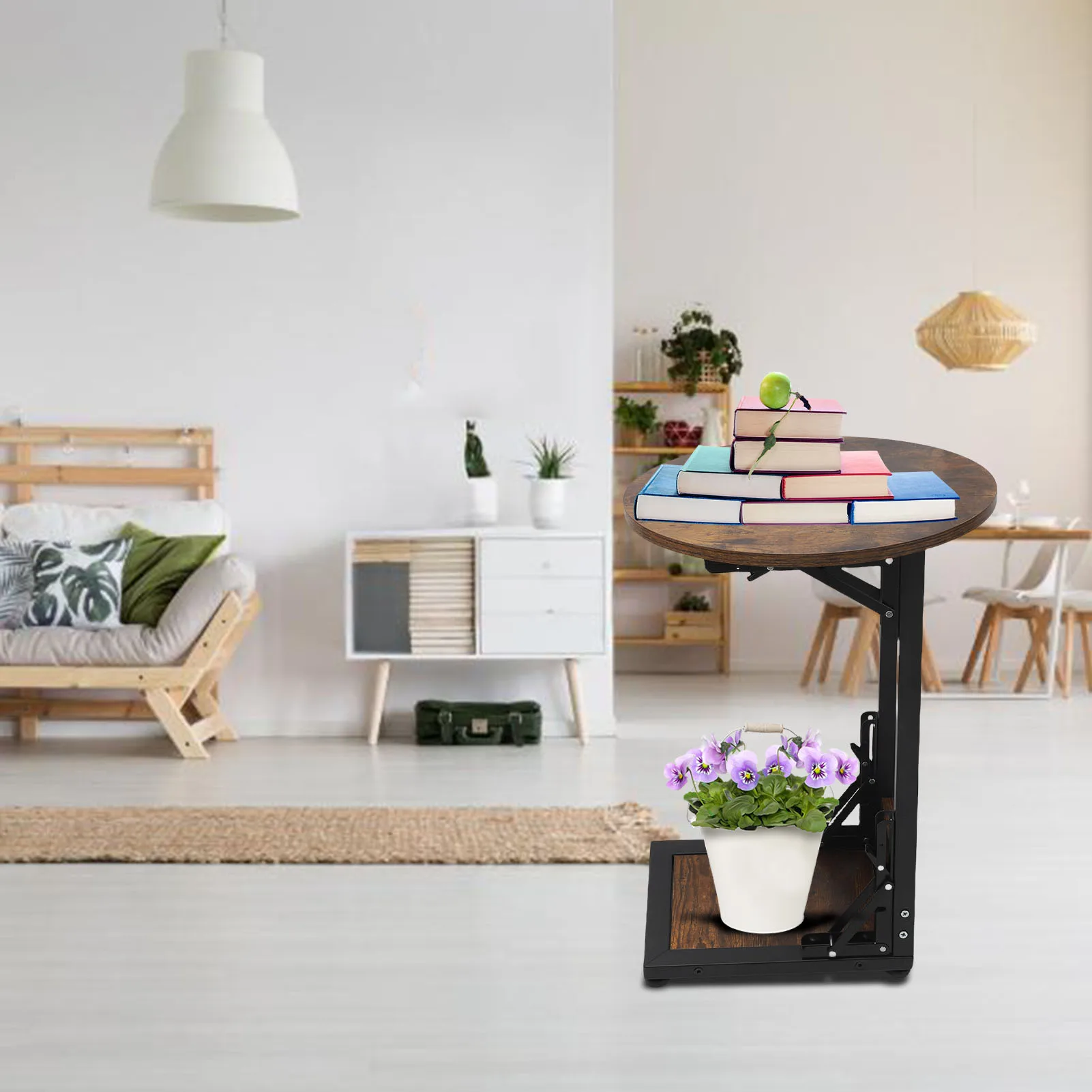 Bedside Table Compact Wood Movable Laptop Table with Metal Frame for Living Room Sofa Movable Laptop Table