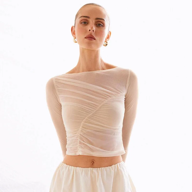 Summer See-Through Mesh T-shirt Top Women Pleated Patchwork See-Through Slim Cropped Top Tee Female Solid T-shirt Pullover