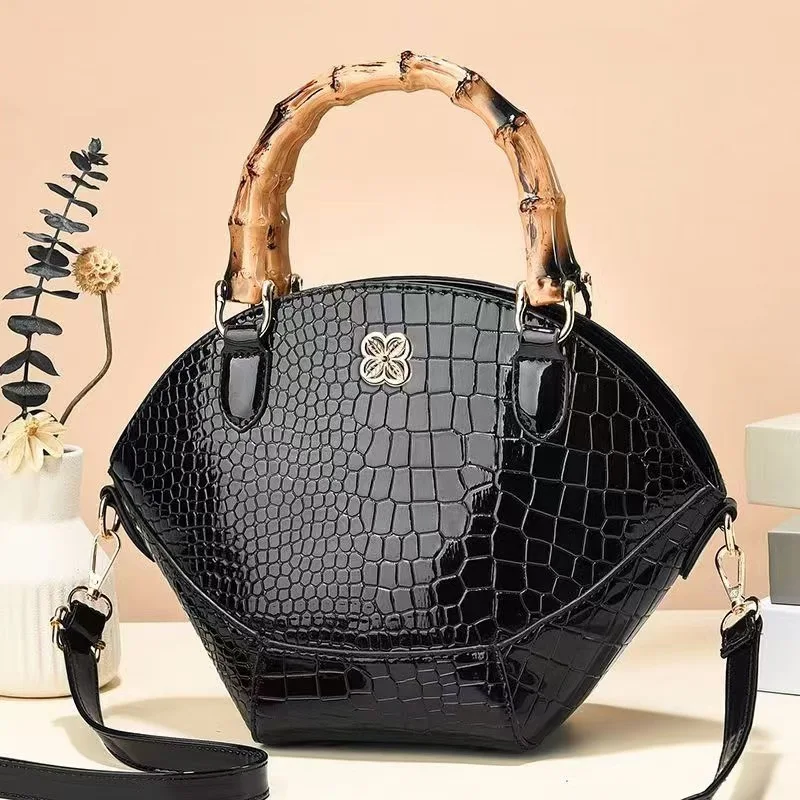 Vintage Handbag for Women Small Pu Leather Crocodile Pattern Fashion Bamboo Joint Hand Bags Ladies