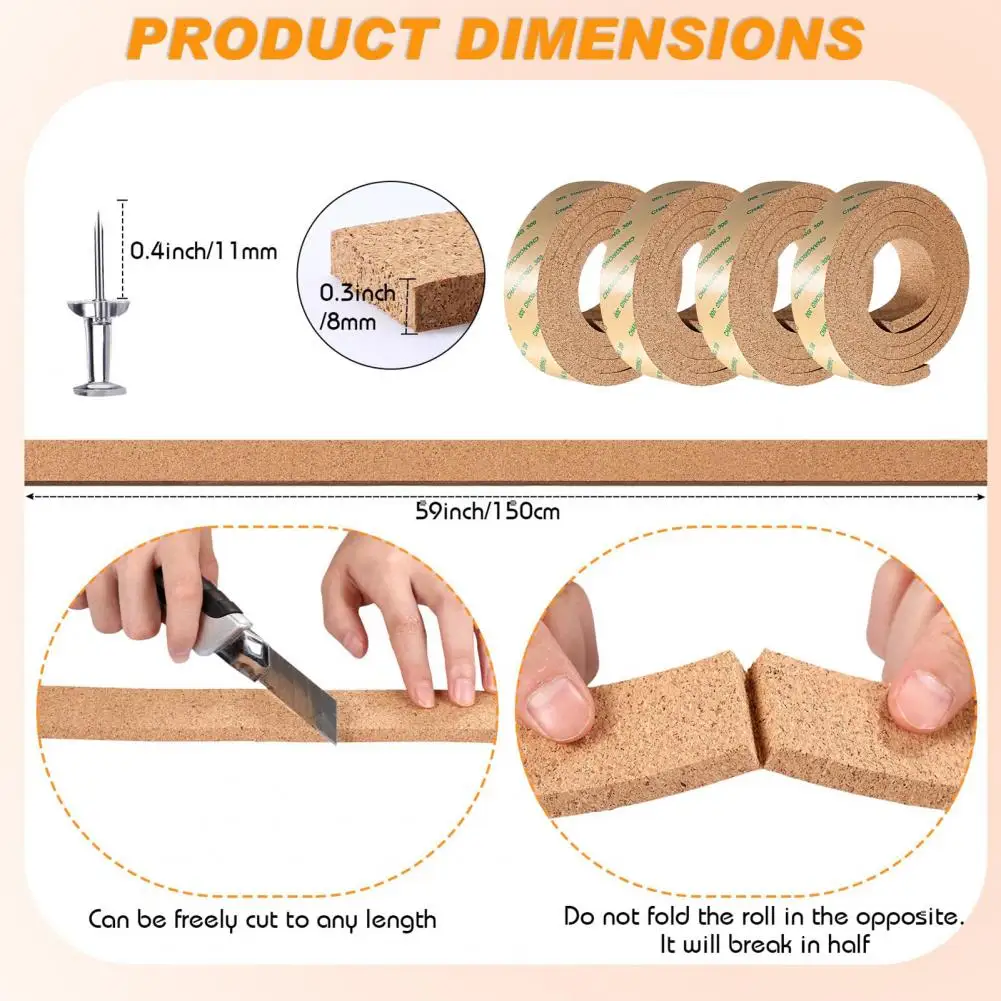 Durable Cork Strips Versatile Cork Bulletin Board Strips for Office Classroom Home Decor Self-adhesive Memo Bar Strip Set