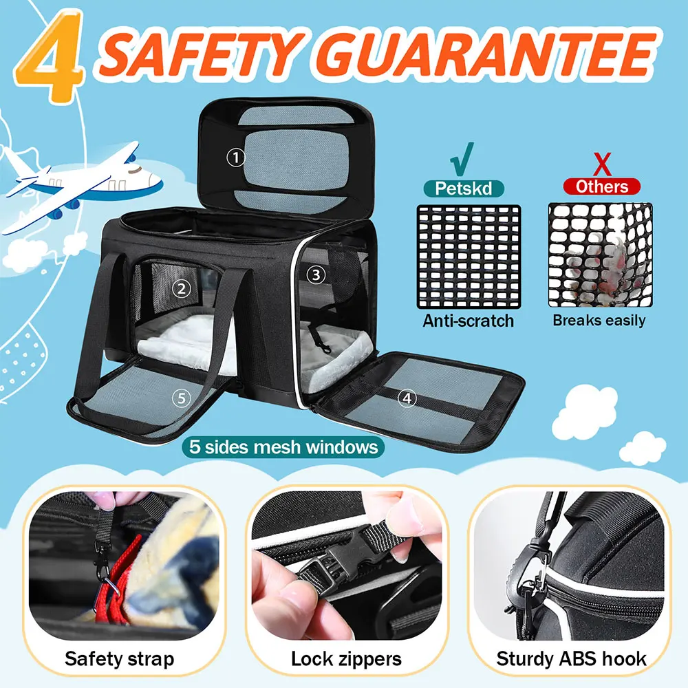 Pet Carrier Bag Petskd Top-Expandable Soft Small Dog Cat Carrier with Safety Zipper and AntiScratch Mesh Major USA Airlines Approved