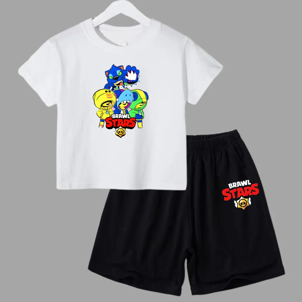 Conjunto de 2 piezas de camiseta de manga corta y pantalones cortos con estampado de anime de verano para niños y niñas, ropa informal de cuello redondo