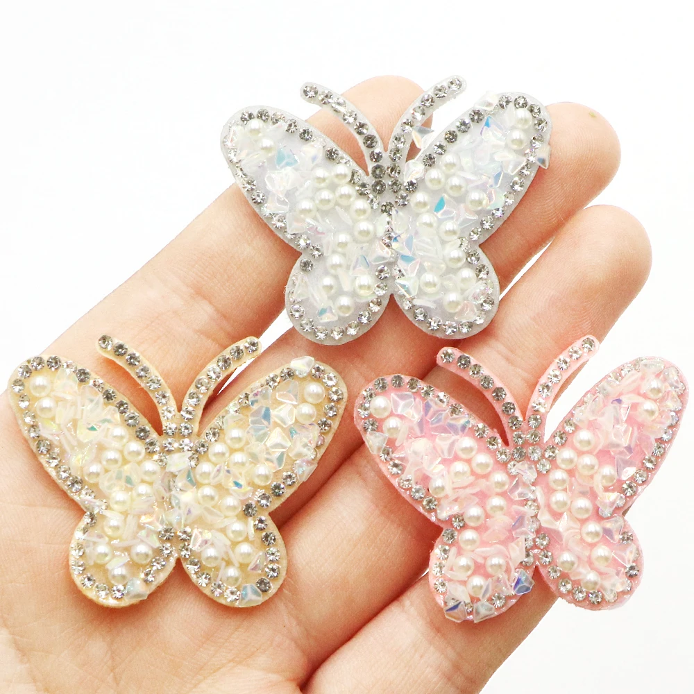 10 Teil/Beutel Schmetterling Perle Strass Aufnäher für Kleidung Schmetterling Weiße Perle Bling Strass Applikation Reparatur Patch