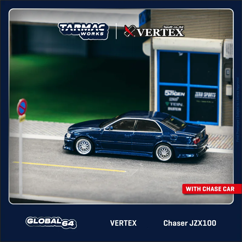 

Tarmac работает 1:64 VERTEX Chaser JZX100 синяя металлическая модель автомобиля