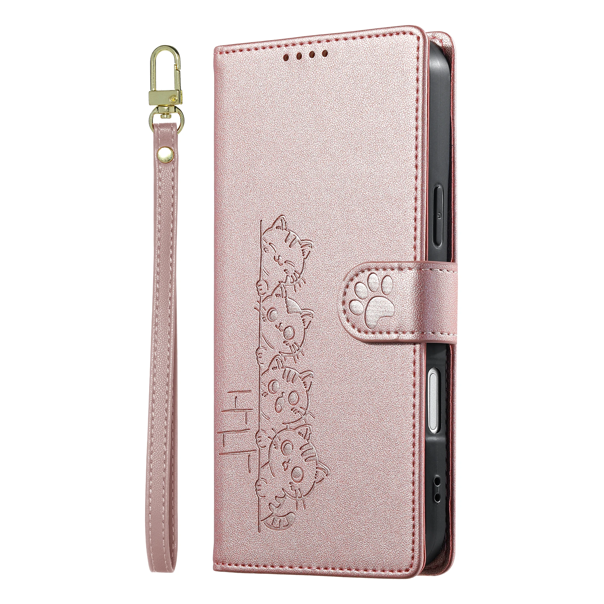 Cute Cat Leather Flip Phone Case with Strap - Stylish  Design