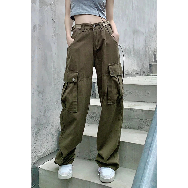 Women Vintage Army Green High Waist Cargo Pants Fashion Pocket Baggy