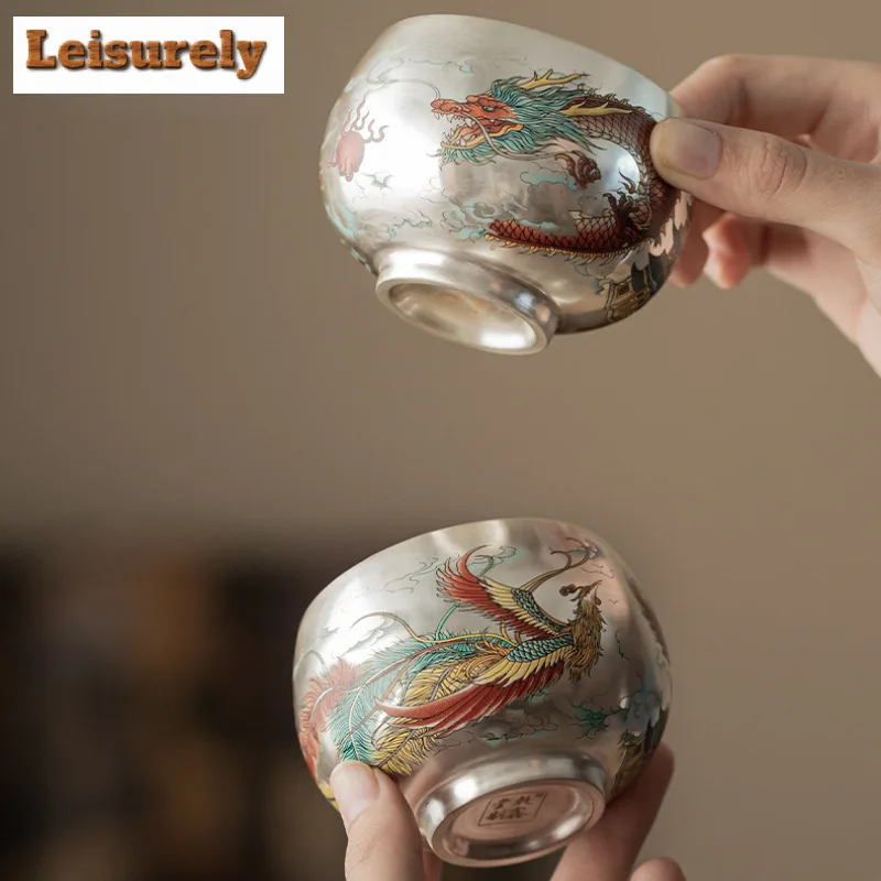 Gilt Silver Dragon And Phoenix Auspicious Teacup Elegant Tea Bowl Jug Tea-tasting Meditation Cup Jianzhan Master Cups Set Gift