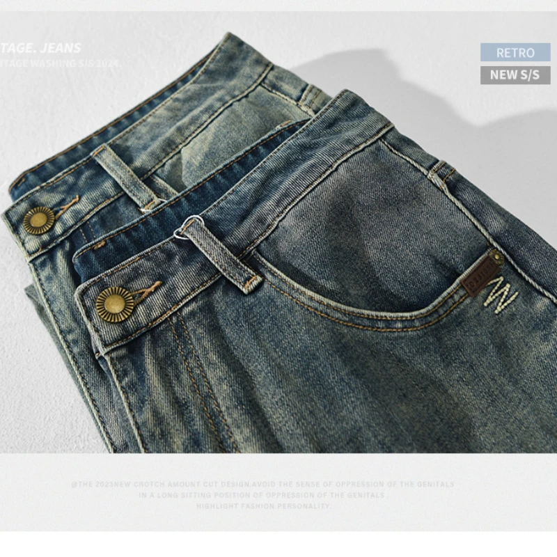 2024 Spring Autumn New Distressed Loose Straight Leg Mens Jeans Washed Soft Cotton Streetwear Cargo Jeans KK1061