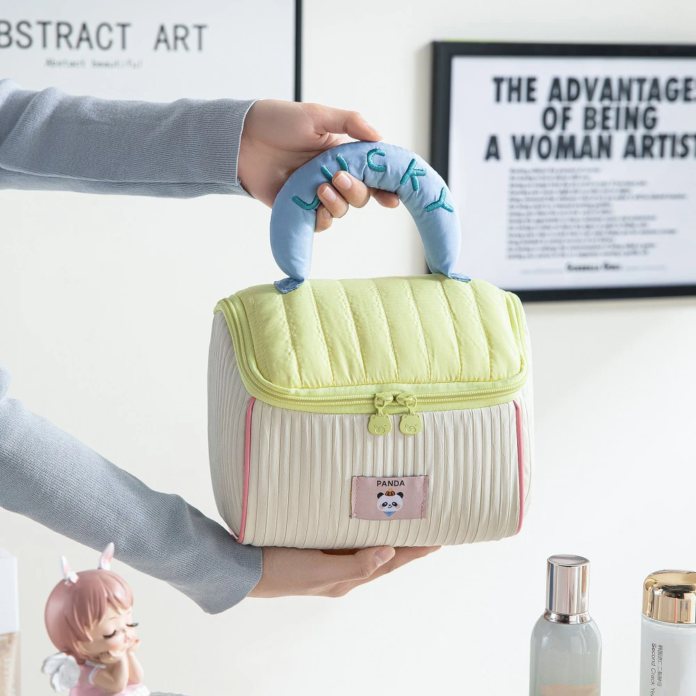 Nuova Borsa da Trucco da Donna Carina a Blocchi di Colore, Organizer Cosmetico da Viaggio di Grande Capacità, Beauty Case Portatile per Articoli Domestici - immagine 3
