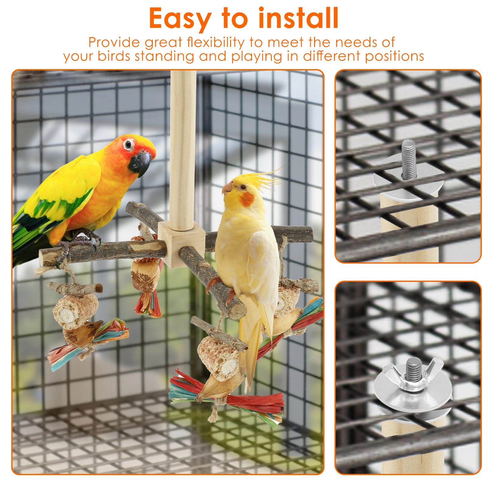 Bird Stand Perch Toy Wooden Parrot Chew Toys 360° Cross Rotatable Parrot Exercise Standing Perch Hanging Bird Cage Accessories