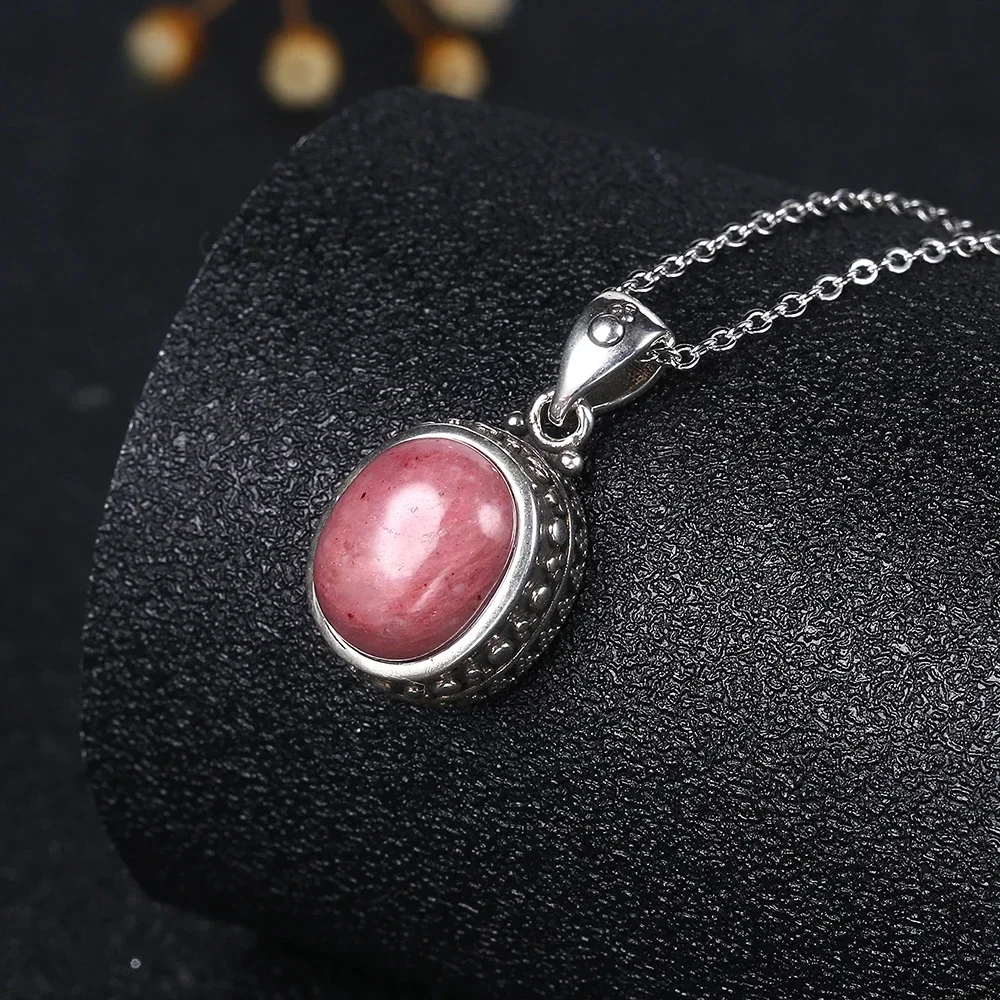 Pendant Necklace Silver Pendant Silver Necklace 925 Sterling Silver Natural Rhodochrosite Pendants Necklace for Women Gift Jewelry Chain
