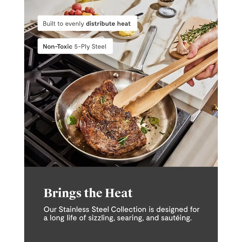 Caraway Stainless Steel Cookware Set (4 Piece) - 5-Ply Stainless Steel Pots & Pans - Includes Fry Pan, Sauce Pan, Sauté Pan 5