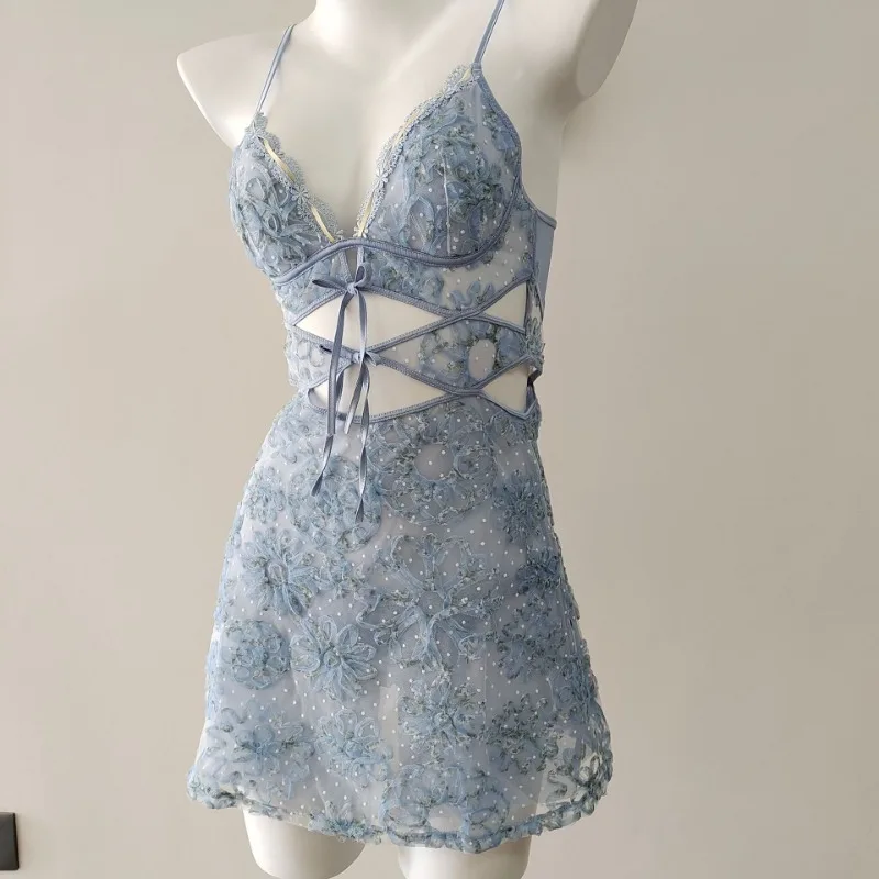 Vintage Damen Homewear Kleine Brust Blume Hohle Spitze Mesh Durchsichtiges Nachthemd mit Höschen Pyjama Dessous Set 2024 Neu – Detail 1