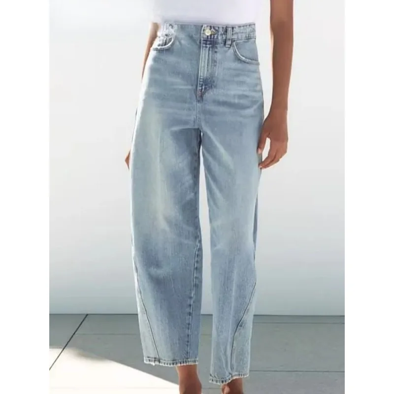 

Woman New Fashion Commuter Stitching Blue Gradient Wide Leg Pants Women Chic Pocket Zipper Decorate Denim Long Pants