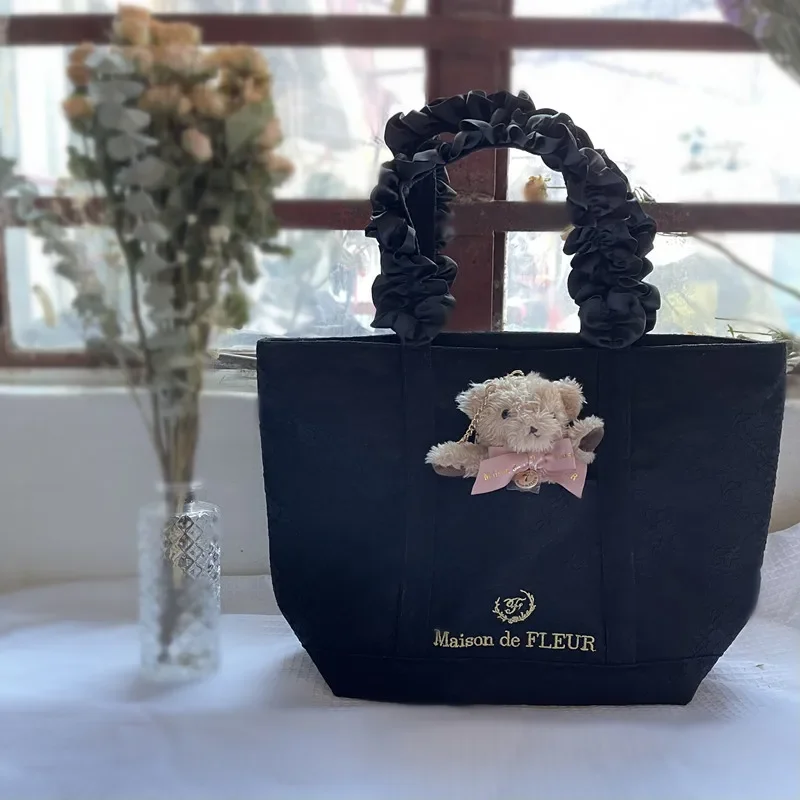 Sweet Cute Japanese Style Women's Furry Ribbon Bow Bag Accessories Fashion All-Match Little Bear Pattern Bag Pendant for Ladies