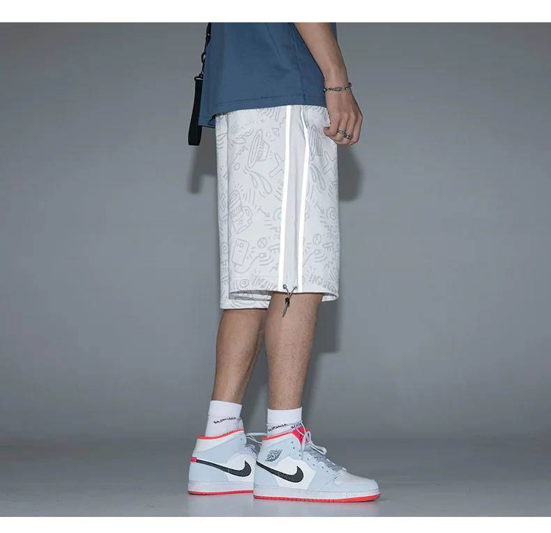 Reflective Strip Splicing High Street Pants Men's 2022 Summer New Fashion Brand Printed Shorts Men Shorts Male Knee Length black casual shorts