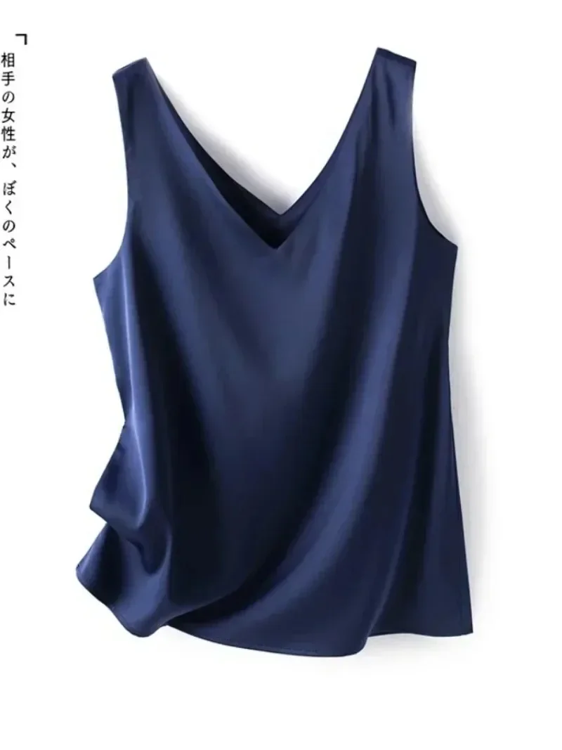 Woman T-shirts Elegant SILK Satin Blouse Sleeveless Female Summer Casual Loose Tanks and Camis Solid Green Tops for Women 2