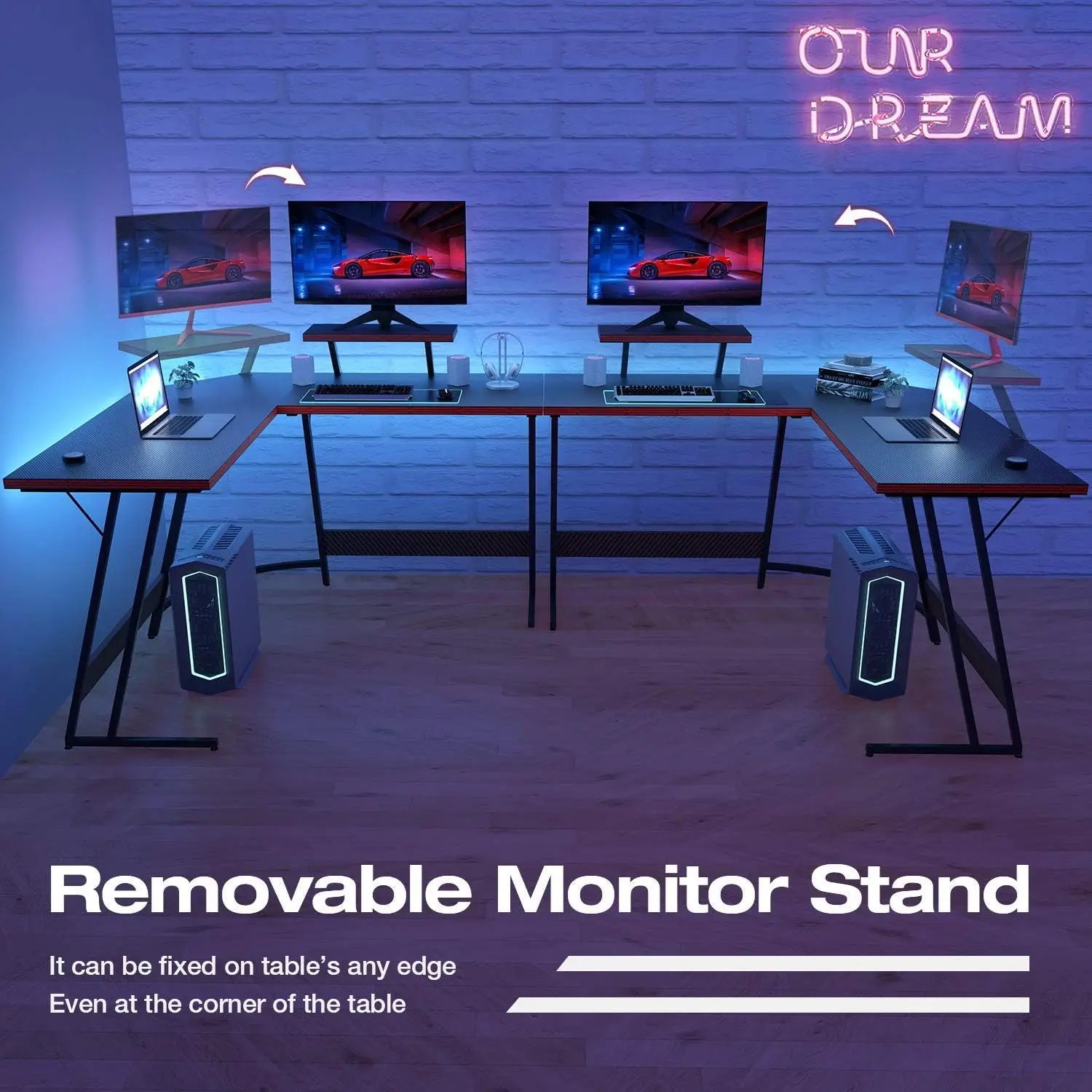 L Shaped Gaming Desk Computer Corner Desk PC Gaming Desk Table with Large Monitor Riser Stand  (Black, 51 Inch) 4